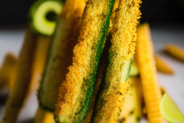 Air Fryer Zucchini Fries zoomed in close to fill the frame, lit by softbox lights from the side, focused on the zucchini with a narrow aperture for razor-sharp clarity from edge to edge