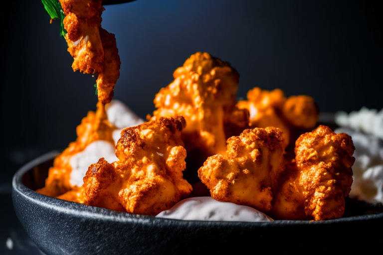 Air Fryer Cauliflower Buffalo Wings filling most of the frame, lit by bright studio lighting from the left, focused manually for perfect sharpness from front to back