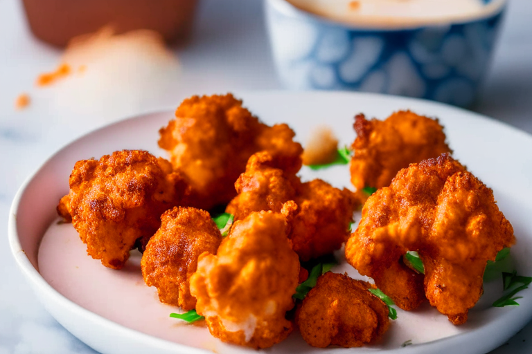 Air Fryer Cauliflower Buffalo Wings minimizing the plate and background, lit by natural light from an open window, every part of the cauliflower wings in perfect focus from front to back