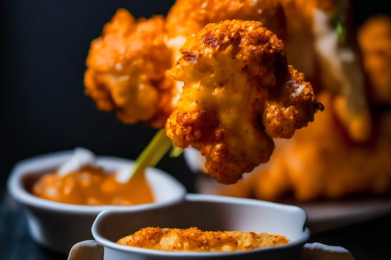 Air Fryer Cauliflower Buffalo Wings zoomed in close to fill the frame, lit by softbox lights from the side, focused on the cauliflower with a narrow aperture for razor-sharp clarity from edge to edge