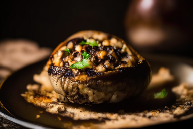 Oven-Baked Stuffed Portobello Mushrooms filling most of the frame, lit by bright studio lighting from the left, focused manually for perfect sharpness from cap to stem