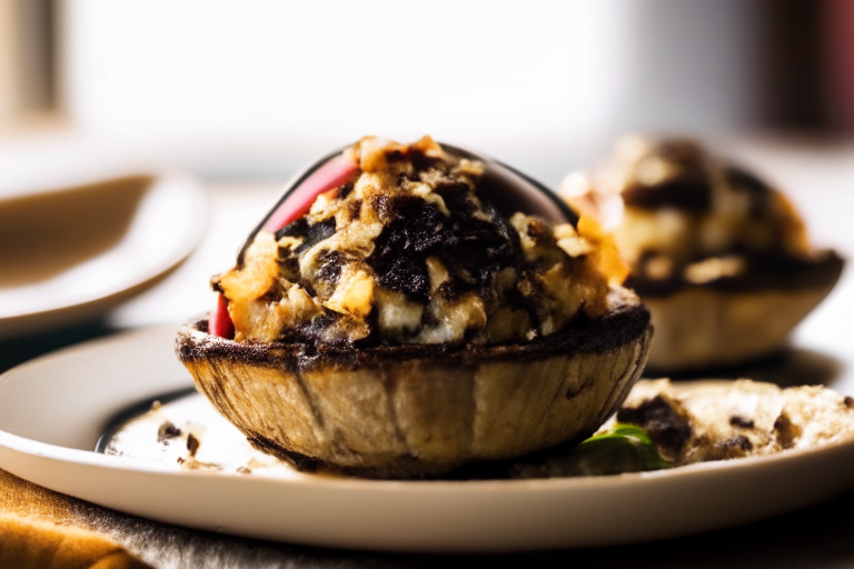 Oven-Baked Stuffed Portobello Mushrooms minimizing the plate and background, lit by natural light from an open window, every part of the portobello mushrooms in perfect focus from cap to stem