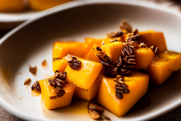 Oven-Roasted Butternut Squash with Maple Glaze minimizing the plate and background, lit by natural light from an open window, every part of the butternut squash cubes in perfect focus from skin to seeds