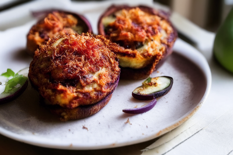 Air Fryer and Oven-Baked Eggplant Parmesan minimizing the plate and background, lit by natural light from an open window, every part of the eggplant slices in perfect focus from skin to seeds