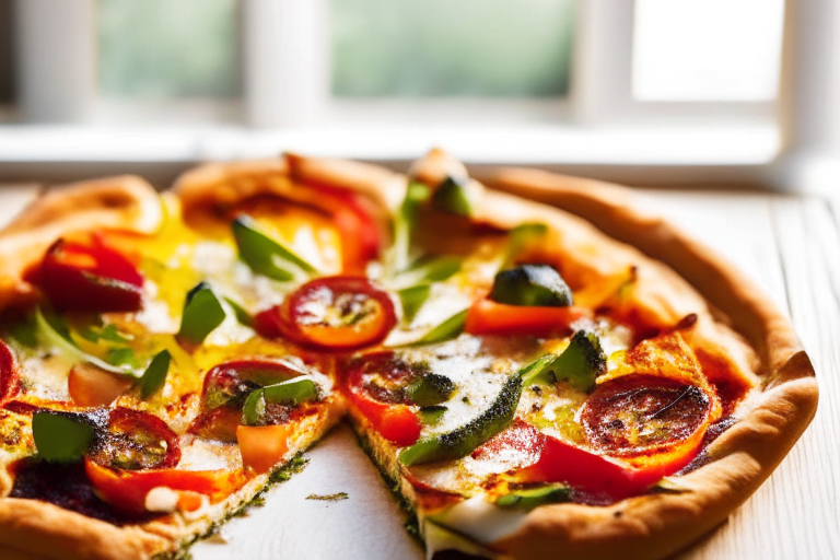 Air Fryer and Oven-Roasted Veggie Pizza minimizing the plate and background, lit by natural light from an open window, every part of the pizza slice in perfect focus from crust to toppings