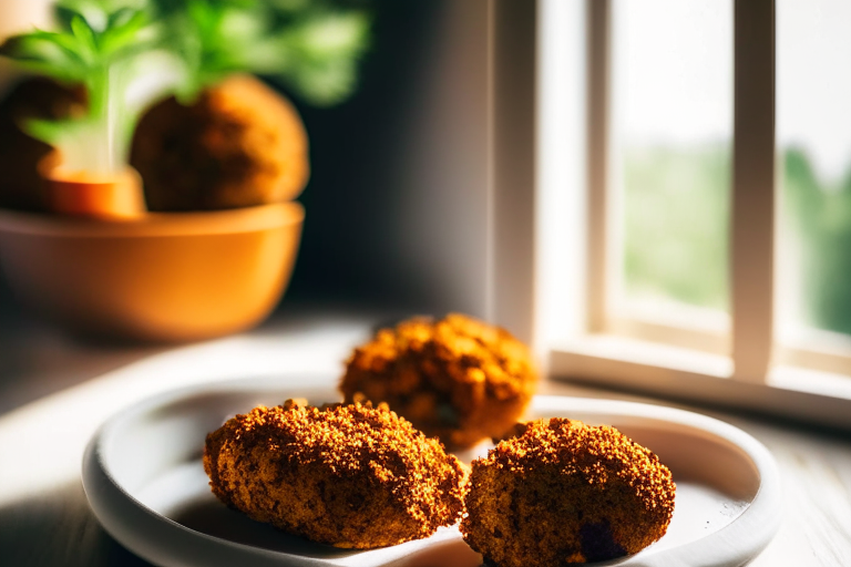 Air Fryer and Oven-Baked Sweet Potato Falafel minimizing the plate and background, lit by natural light from an open window, every part of the falafel balls in perfect focus from skin to seeds