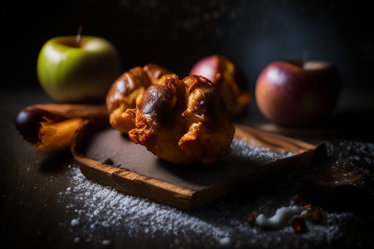 Air Fryer Apple Fritters filling most of the frame, lit by bright studio lighting from the left, focused manually for perfect sharpness from skin to seeds