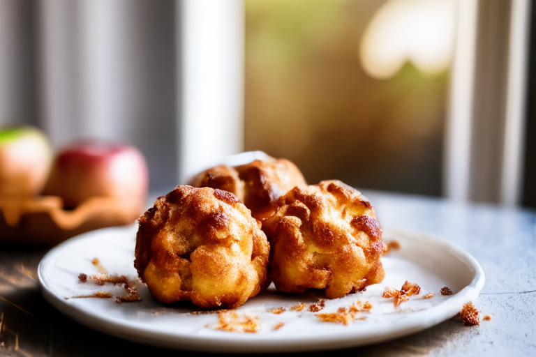 Air Fryer Apple Fritters minimizing the plate and background, lit by natural light from an open window, every part of the fritters in perfect focus from skin to seeds