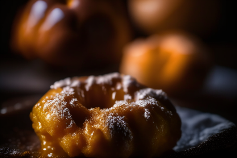 Air Fryer Apple Fritters zoomed in close to fill the frame, lit by softbox lights from the side, focused on the fritters with a narrow aperture for razor-sharp clarity from edge to edge