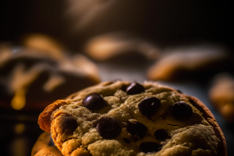 Air Fryer Chocolate Chip Cookies zoomed in close to fill the frame, lit by softbox lights from the side, focused on the cookies with a narrow aperture for razor-sharp clarity from chocolate chip to edge