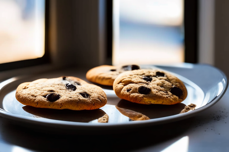 Air Fryer Chocolate Chip Cookies minimizing the plate and background, lit by natural light from an open window, every part of the cookies in perfect focus from chocolate chip to edge