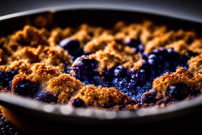 Oven-Baked Blueberry Crumble filling most of the frame, lit by bright studio lighting from the left, focused manually for perfect sharpness from crumb to berry