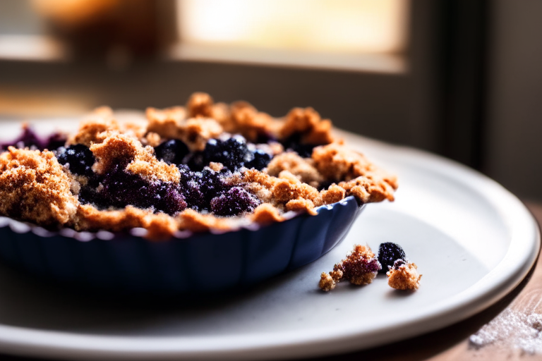 Oven-Baked Blueberry Crumble minimizing the plate and background, lit by natural light from an open window, every part of the crumble in perfect focus from crumb to berry