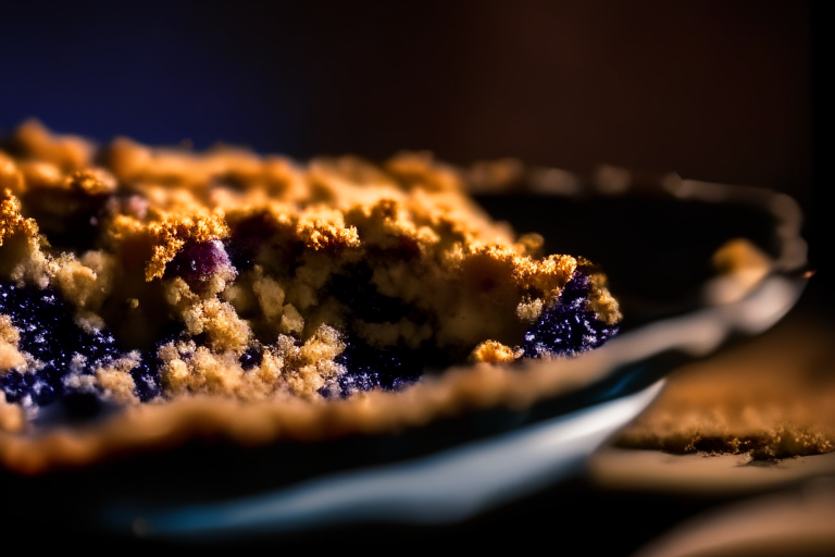 Oven-Baked Blueberry Crumble zoomed in close to fill the frame, lit by softbox lights from the side, focused on the crumble with a narrow aperture for razor-sharp clarity from edge to edge