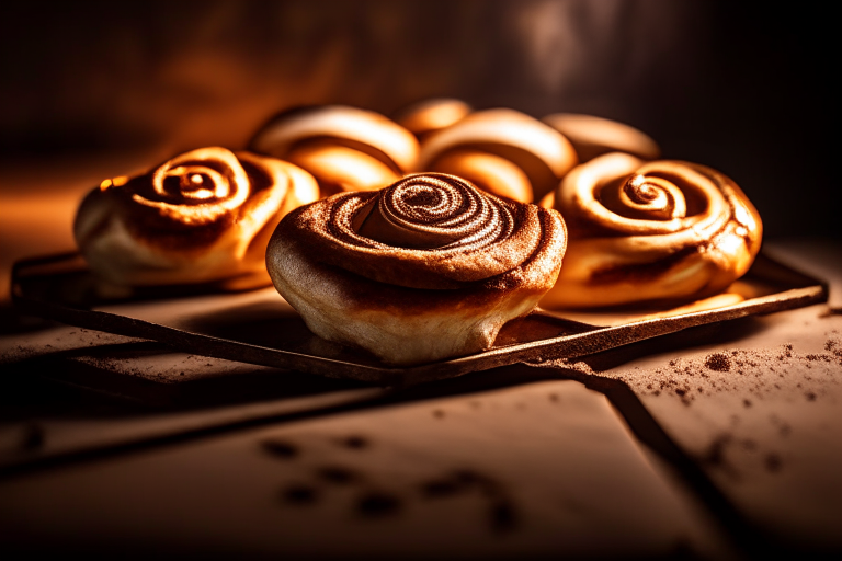 Oven-baked cinnamon rolls filling most of the frame, lit by bright studio lighting from the left, focused manually for perfect sharpness from edge to edge