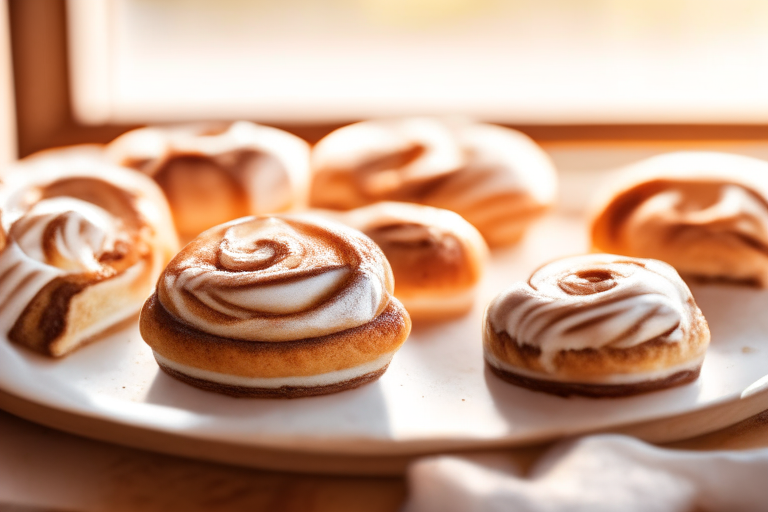 Oven-baked cinnamon rolls minimizing the plate and background, lit by natural light from an open window, every part of the rolls in perfect focus from icing to edge