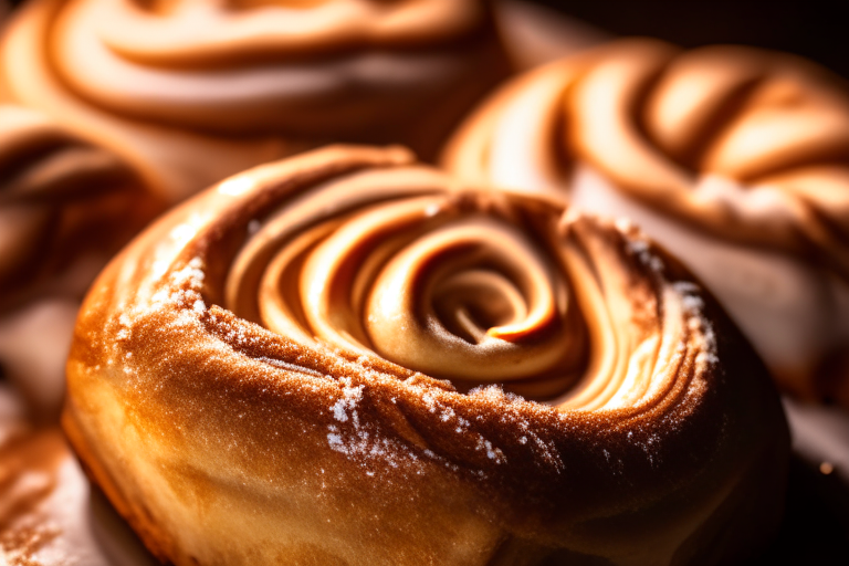 Oven-baked cinnamon rolls zoomed in close to fill the frame, lit by softbox lights from the side, focused on the rolls with a narrow aperture for razor-sharp clarity from icing to edge