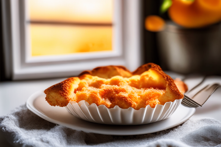 Air fryer and oven-baked peach cobbler minimizing the plate and background, lit by natural light from an open window, every part of the cobbler in perfect focus from crumb to peach