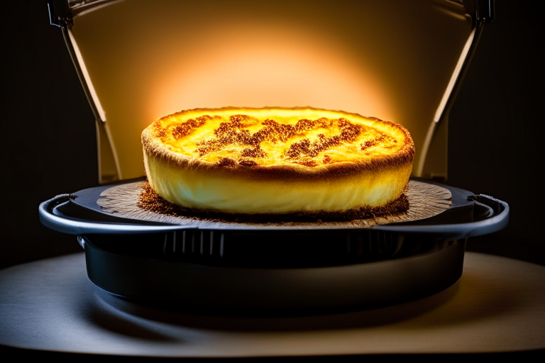 Air fryer and oven-baked cheesecake filling most of the frame, lit by bright studio lighting from the left, focused manually for perfect sharpness from crust to topping