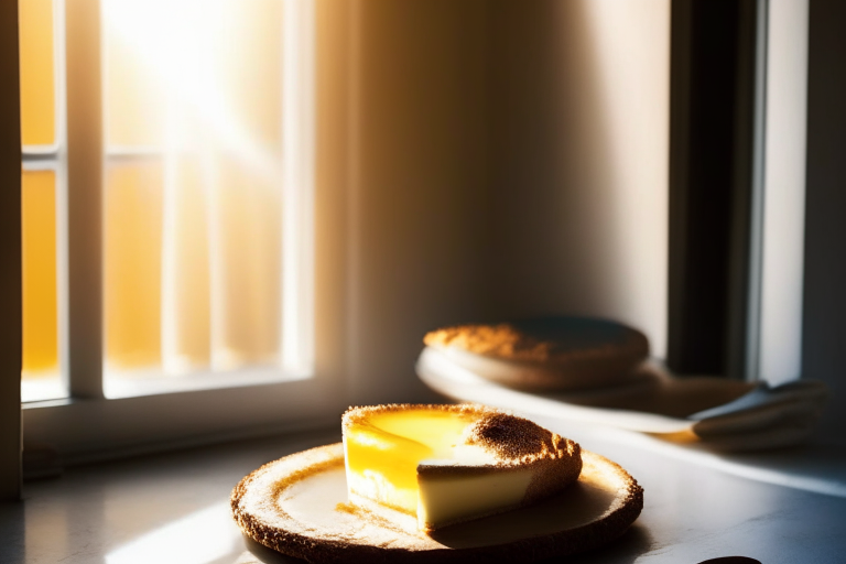 Air fryer and oven-baked cheesecake minimizing the plate and background, lit by natural light from an open window, every part of the cheesecake in perfect focus from crust to topping