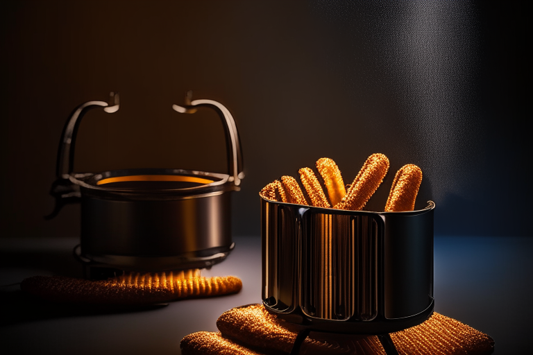 Air fryer and oven-baked churros filling most of the frame, lit by bright studio lighting from the left, focused manually for perfect sharpness from end to end