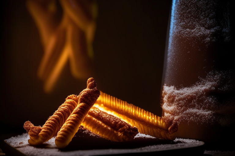 Air fryer and oven-baked churros zoomed in close to fill the frame, lit by softbox lights from the side, focused on the churros with a narrow aperture for razor-sharp clarity from tip to tip