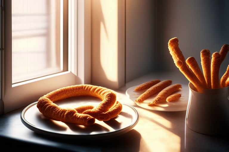 Air fryer and oven-baked churros minimizing the plate and background, lit by natural light from an open window, every part of the churros in perfect focus from end to end