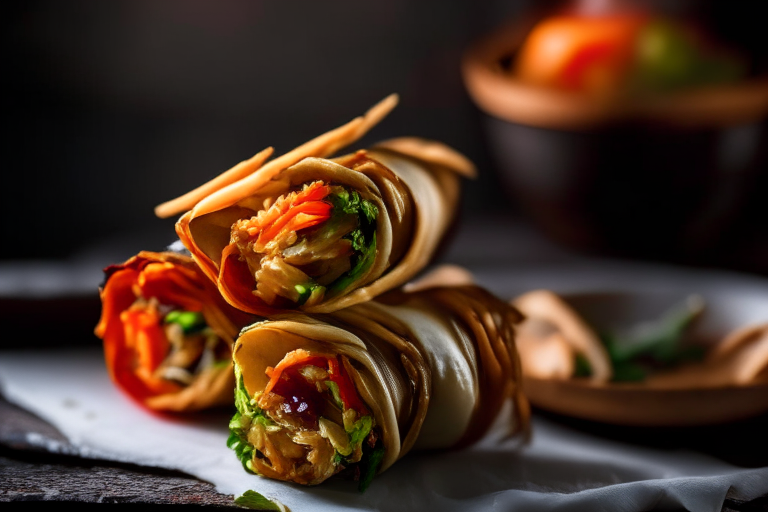 Air fryer roasted vegetable spring rolls filling most of the frame, lit by bright studio lighting from the left, focused manually for perfect razor sharpness from end to end