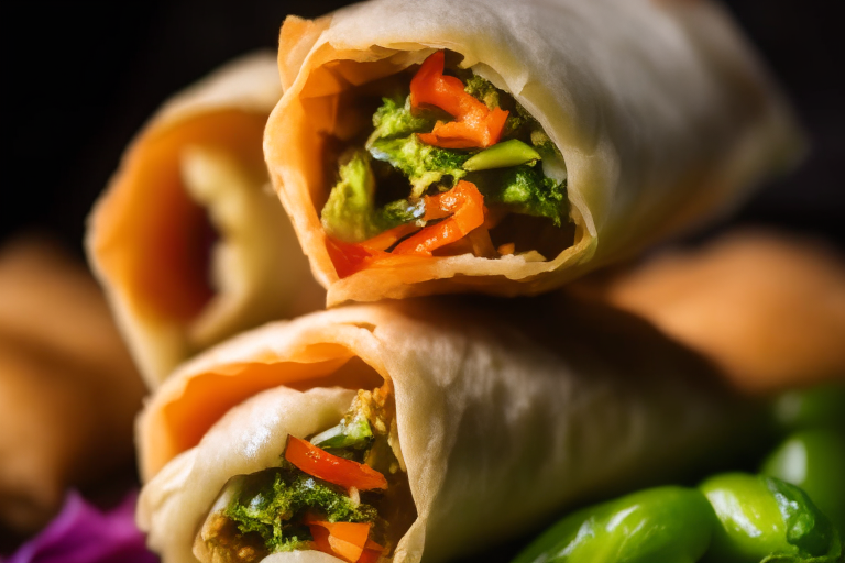 Air fryer roasted vegetable spring rolls zoomed in close to fill the frame, lit by softbox lights from the side, focused on the spring rolls with a narrow aperture for razor-sharp clarity from tip to tip