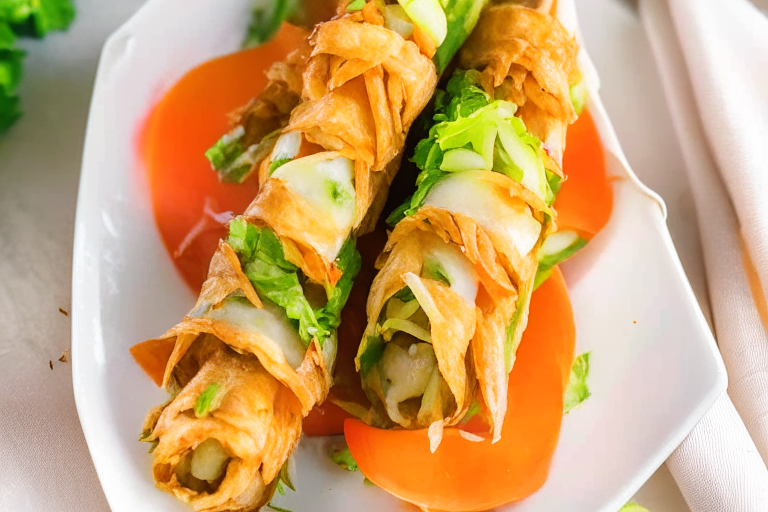 Air fryer roasted vegetable spring rolls minimizing the plate and background, lit by natural light from an open window, every part of the spring rolls in perfect razor focus from end to end