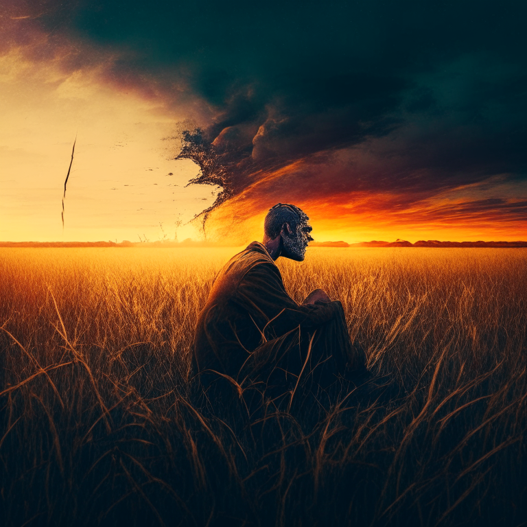 philosopher thinking among chaos and evil in a field with evil spirits in the tall dry grass of August with a sunset sky