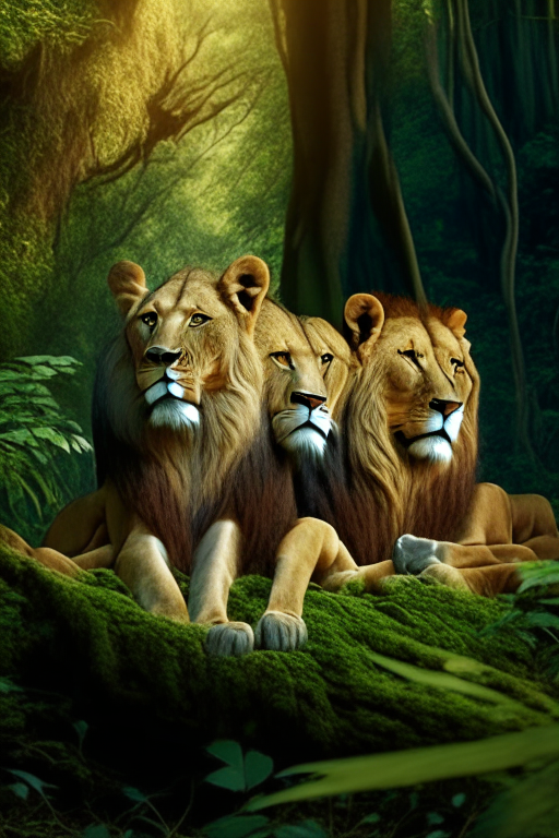 Three lions in forest sitting with beautiful background 