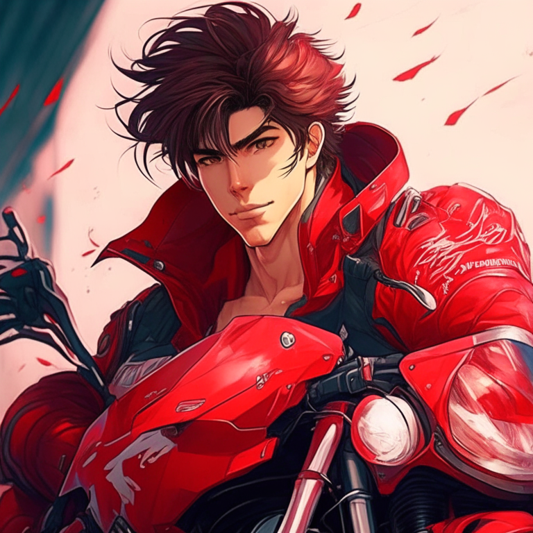 Handsome anime man, red motorcycle 🏍️ , strong 💪