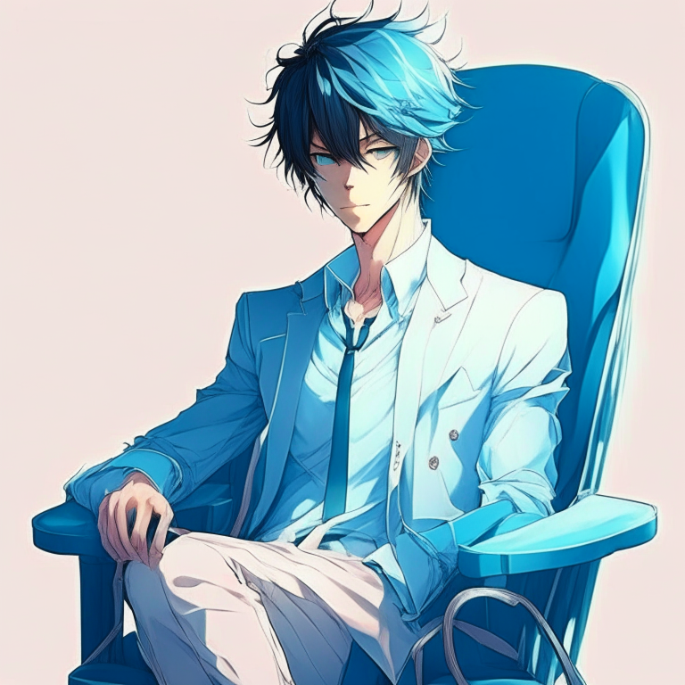 Handsome anime man, site on the light blue chair 💺