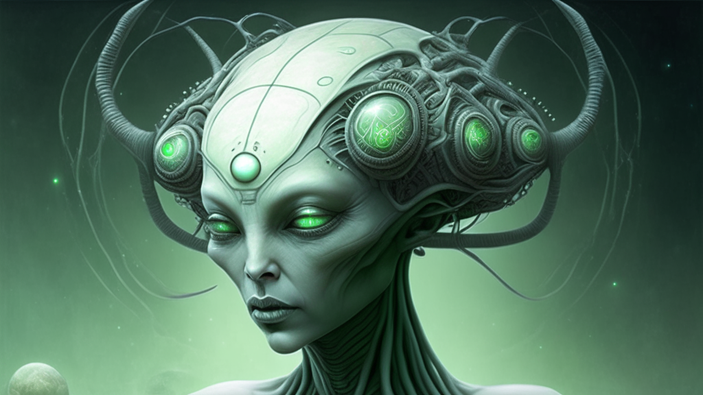 a beautiful alien Goddess with grey-green skin, a clear domed head showing her brain, and an alien mind control machine probing her thoughts