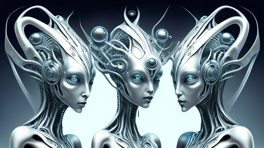 two beautiful alien goddesses sharing the same brain through their transparent dome shaped heads, with biomechanical fleshy tentacles and silver chrome spikes from an alien machine