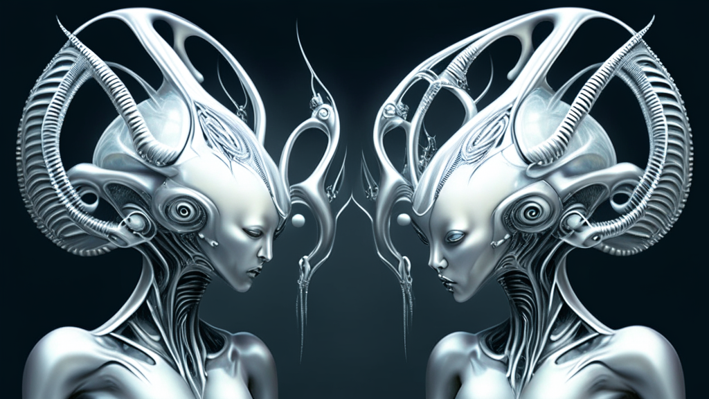 two beautiful alien goddesses sharing the same brain through their transparent dome shaped heads, with biomechanical fleshy tentacles and silver chrome spikes from an alien machine