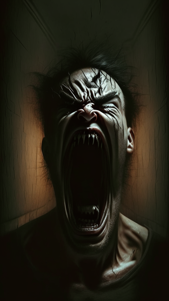 The character Anger of insider out Is screaming on a dark room