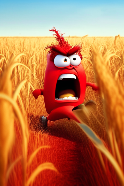 Anger the Red inside out character is running through a cornfield backwards, Pixar