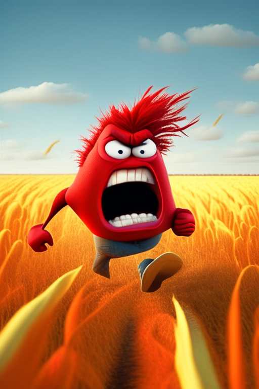 Anger the Red inside out character is running through a cornfield backwards, Pixar style