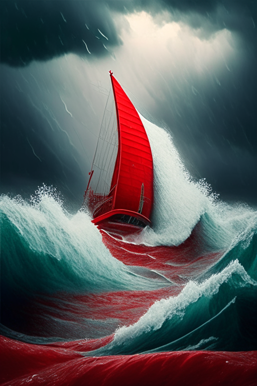 a little red sailing boat trapped in a storm at sea, the boat is about to be engulfed by a happy wave. a little red sailing boat trapped in a storm at sea, the boat is about to be engulfed by a wave