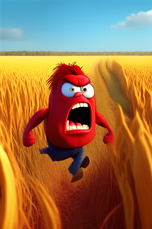 Anger the Red inside out character is running through a cornfield backwards, Pixar style