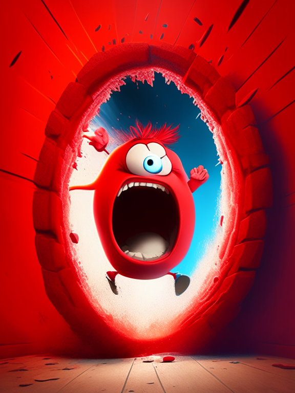 Anger the red character of Inside Out   jumping through a portal, Pixar style