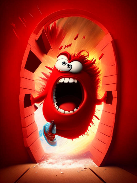 Anger the red character of Inside Out   jumping through a portal, Pixar style