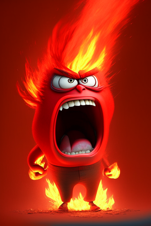 Anger the red character of Inside Out  breathing fire, Pixar style