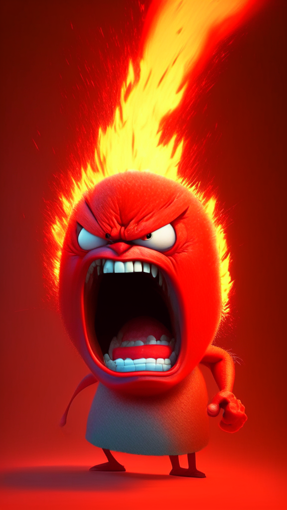 Anger the red character of Inside Out  breathing fire, Pixar style, detailed