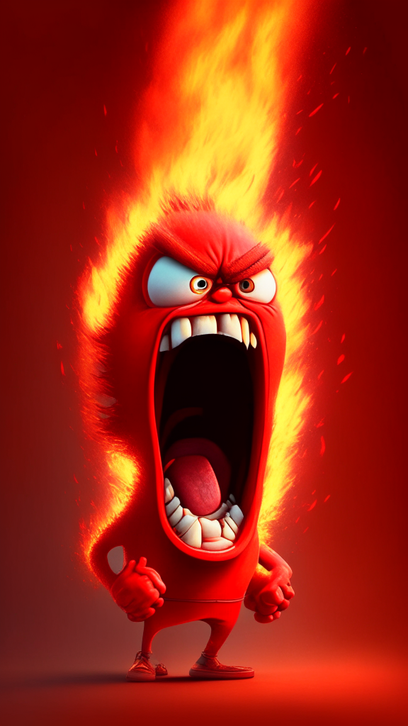 Anger the red character of Inside Out  breathing fire, Pixar style, detailed