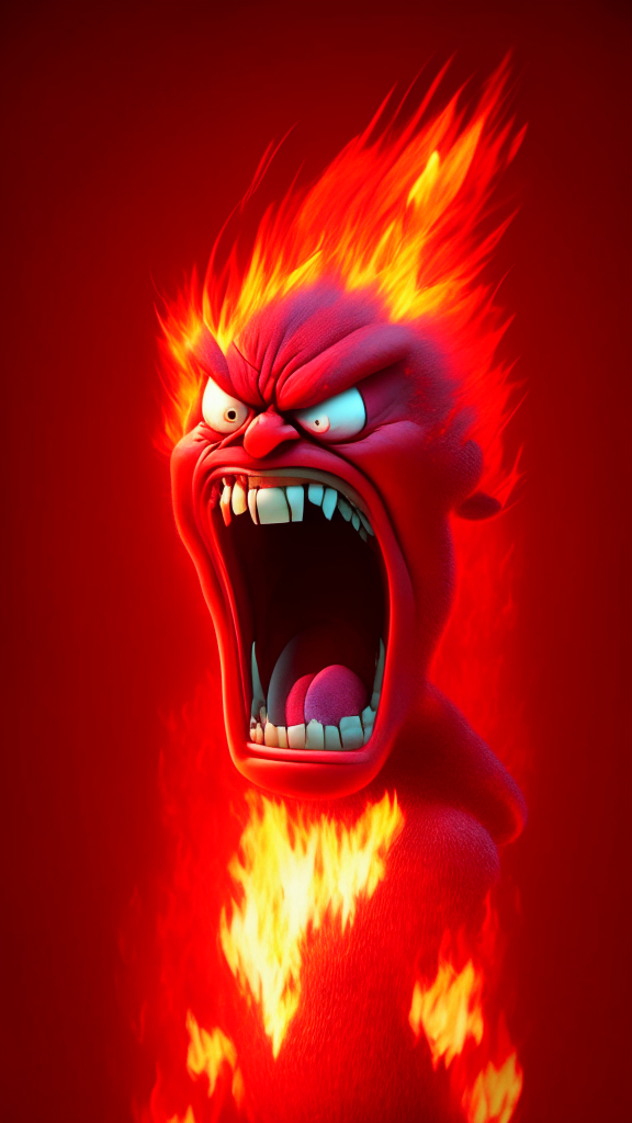 Anger the red character of Inside Out  breathing fire, Pixar style, detailed, negative prompt: no distortion, ugly, low quality
