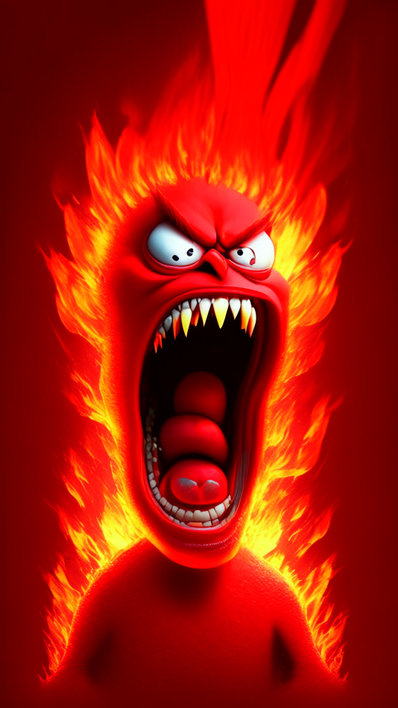 Anger the red character of Inside Out  breathing fire, Pixar style, detailed, negative prompt: no distortion, ugly, low quality