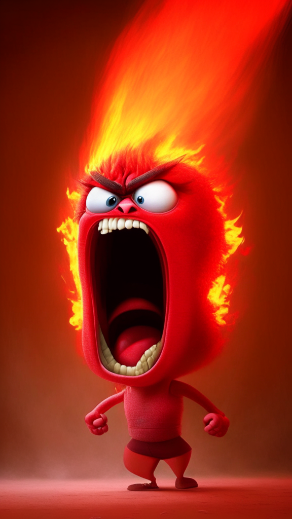 Anger the red character of Inside Out is breathing fire, Pixar style, detailed